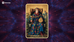 King of Pentacles tarot card showing a regal figure seated on a richly decorated throne