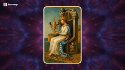 Queen of Cups tarot card showing a calm and compassionate queen holding a golden cup