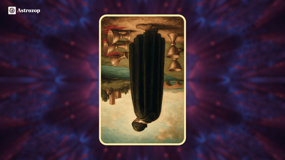Reversed Five of Cups tarot card with the figure about to turn towards the two standing cups