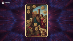Ten of Pentacles tarot card showing a family with multiple generations, surrounded by pentacles